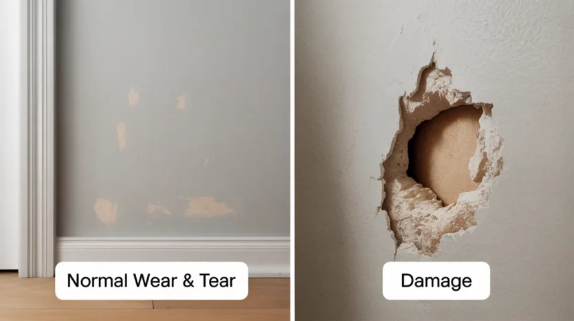 Comparison illustrating normal wear and tear versus tenant-caused damage during a move-out inspection.