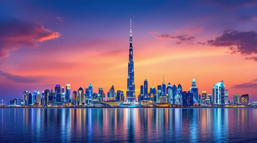 Panoramic dusk view of Dubai skyline highlighting the cost of living and investment appeal for residents and investors.