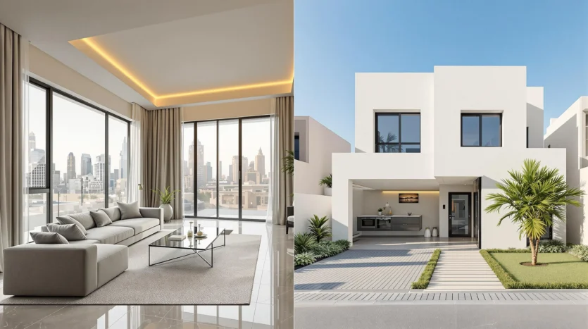 Diverse Dubai accommodation options impacting living costs - modern apartment interior vs. family villa exterior.
