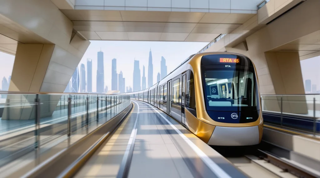 Efficient Dubai Metro train illustrating affordable public transportation options affecting the cost of living.