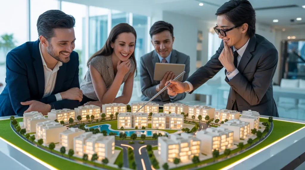 Investors exploring benefits of off-plan properties in Dubai with a real estate professional.
