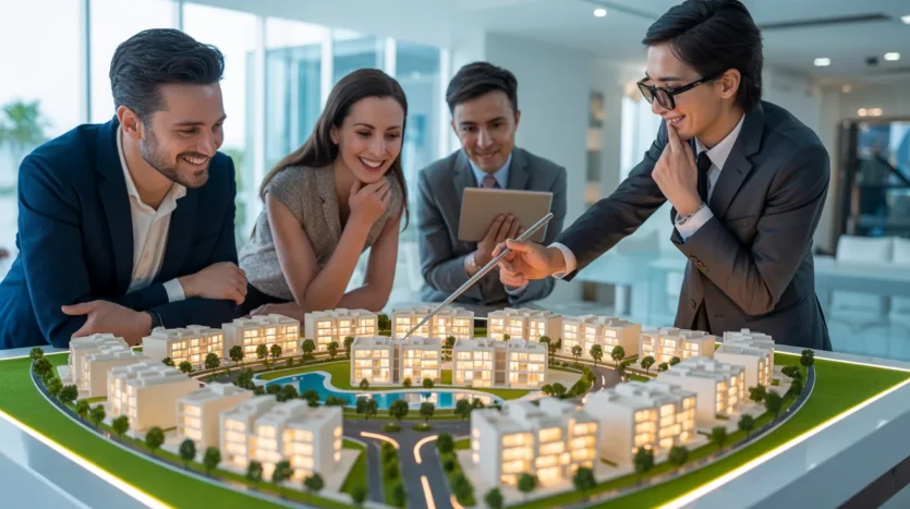 Investors exploring benefits of off-plan properties in Dubai with a real estate professional.
