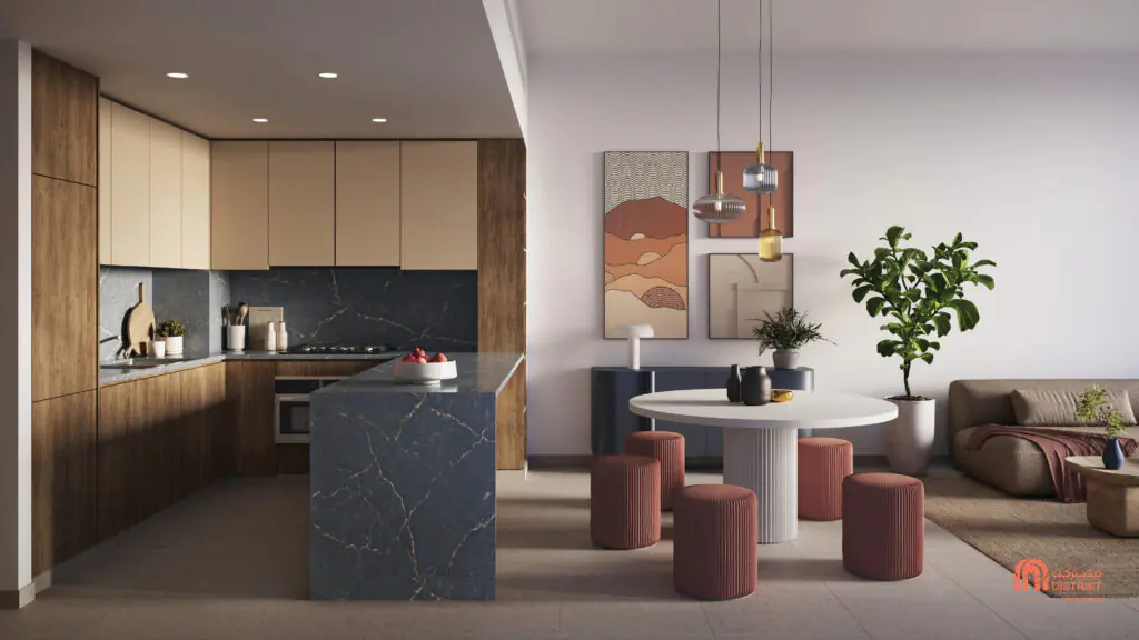 Al Fattaim DISTRIKT Ghaf Woods_2BD Cocina y sala de estar Horizon_Dark
