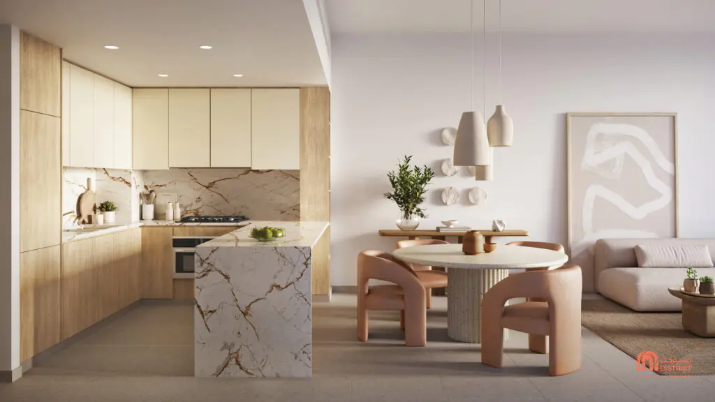 DISTRIKT Ghaf Woods_2BD Cocina y salón Terra_Light de Majd Al Futtaim