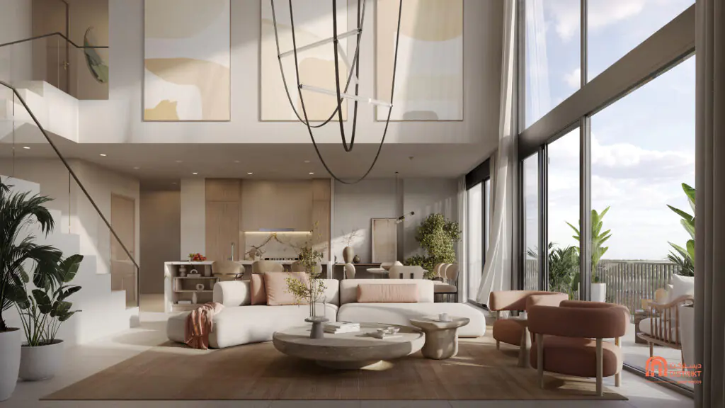 DISTRIKT Ghaf Woods_Sala de estar del ático de 3 dormitorios