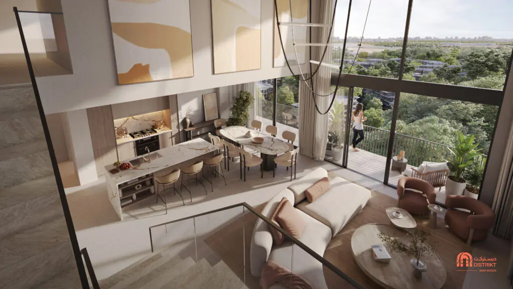 DISTRIKT Ghaf Woods_Vista superior de la sala de estar del ático de 3 dormitorios