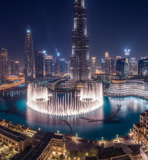 Panoramic view of Downtown Dubai apartments for sale with the illuminated Burj Khalifa and Dubai Fountain.
