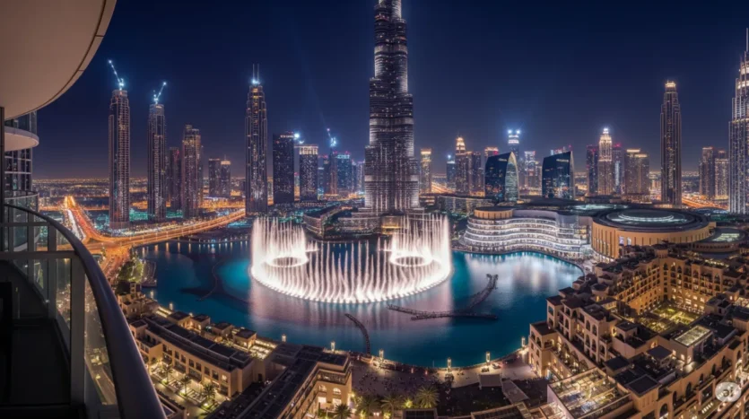 Panoramic view of Downtown Dubai apartments for sale with the illuminated Burj Khalifa and Dubai Fountain.