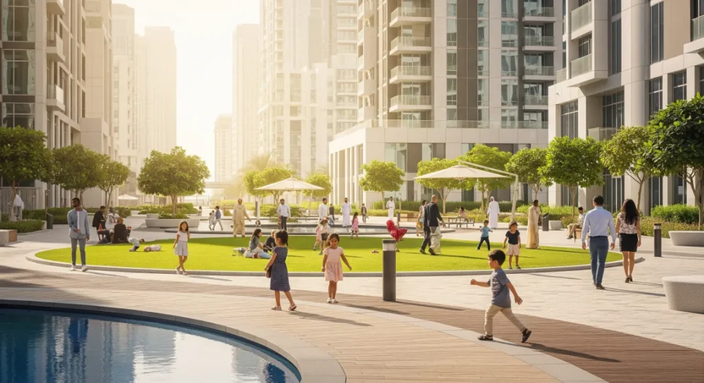 A bustling, modern Dubai neighborhood, highlighting the strong property market outlook for 2025.