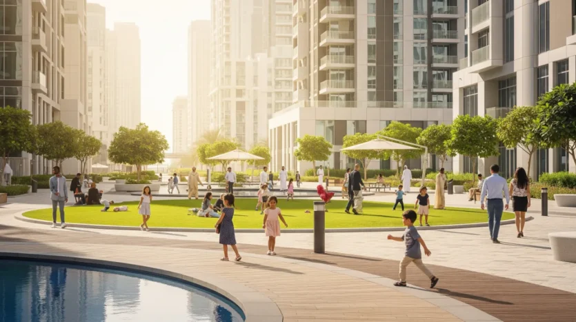 A bustling, modern Dubai neighborhood, highlighting the strong property market outlook for 2025.