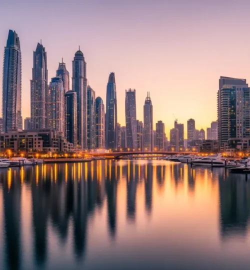 Panoramic sunset view of Dubai Marina skyline with yachts, a prime real estate investment location.