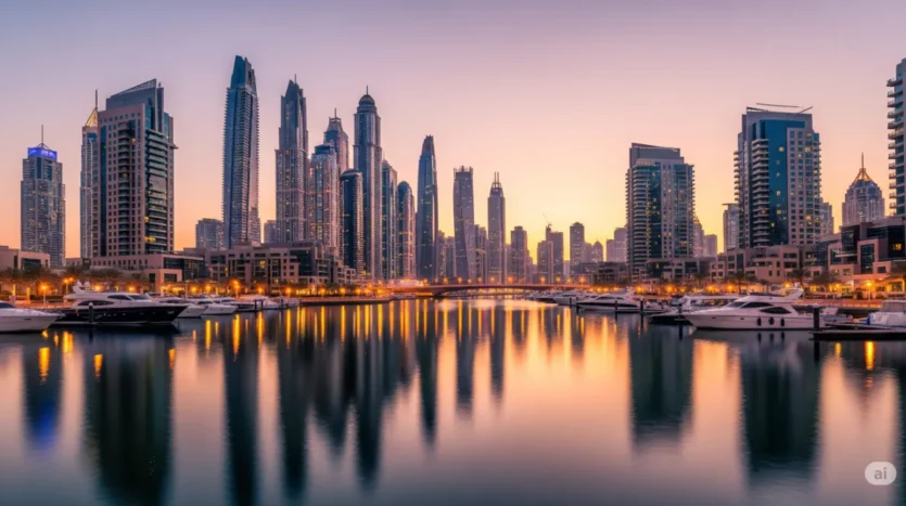Panoramic sunset view of Dubai Marina skyline with yachts, a prime real estate investment location.