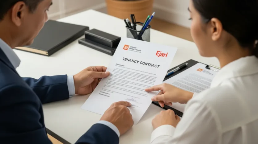 A tenant and landlord reviewing a tenancy contract before Ejari registration in Dubai.