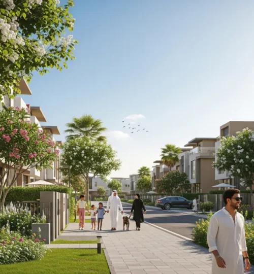 A vibrant street in a Dubai townhouse community, showcasing luxury townhouses for sale.