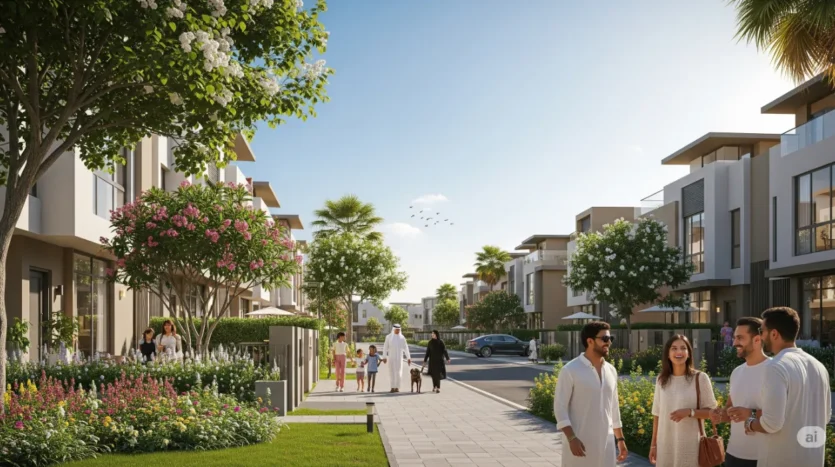 A vibrant street in a Dubai townhouse community, showcasing luxury townhouses for sale.