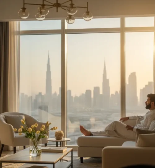 A person recovering in a luxury West Gate Dubai apartment with a stunning view of the Dubai skyline, symbolizing premium medical travel accommodation.