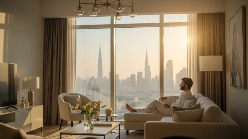 A person recovering in a luxury West Gate Dubai apartment with a stunning view of the Dubai skyline, symbolizing premium medical travel accommodation.