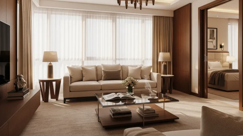 A close-up of a comfortable and luxurious living room in a West Gate Dubai rental, perfect for post-procedure recovery and relaxation.