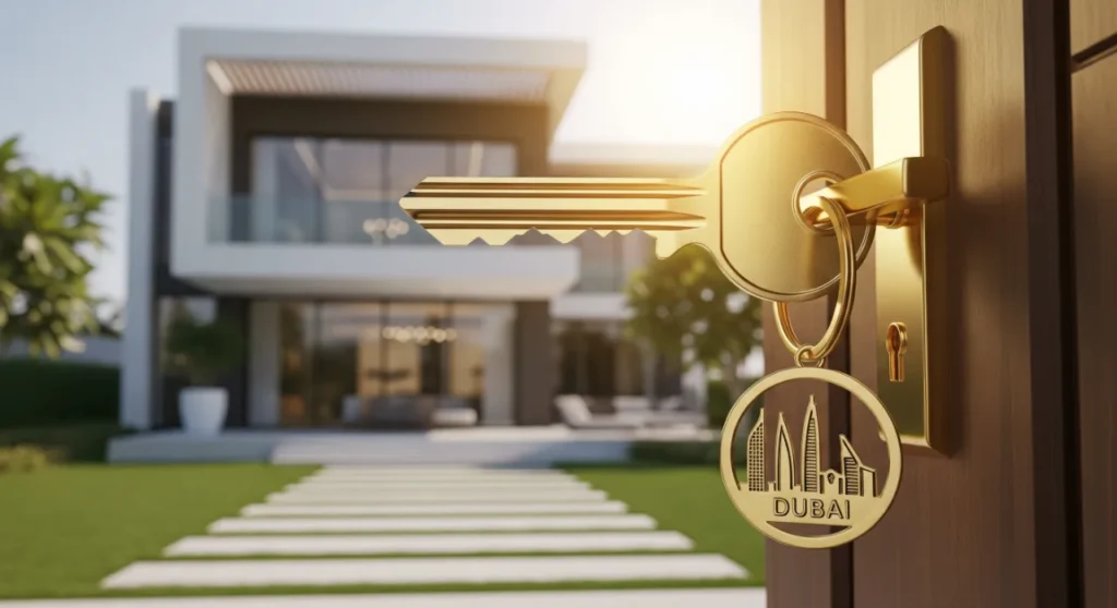 A golden key unlocking a luxury Dubai villa, representing the value found at property auctions.