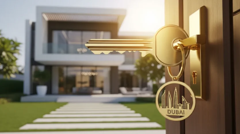 A golden key unlocking a luxury Dubai villa, representing the value found at property auctions.