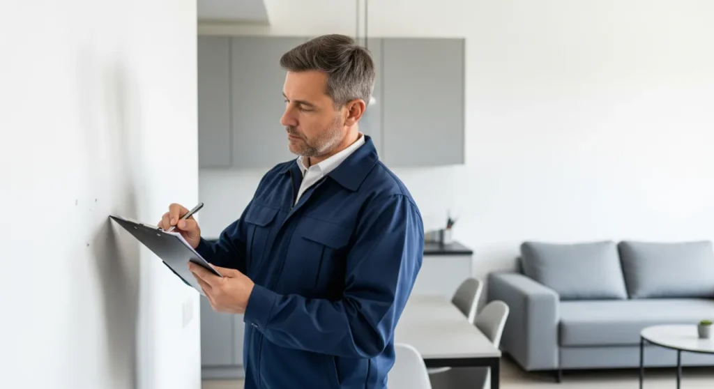A professional inspector conducting a thorough property snagging check in a new Dubai home.