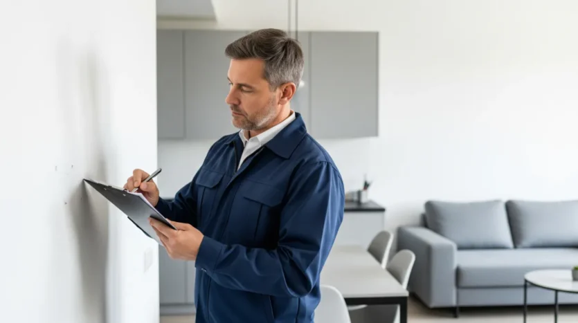 A professional inspector conducting a thorough property snagging check in a new Dubai home.