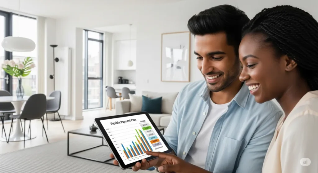 Investors reviewing the benefits and flexible payment plans of an off-plan property investment in Dubai.