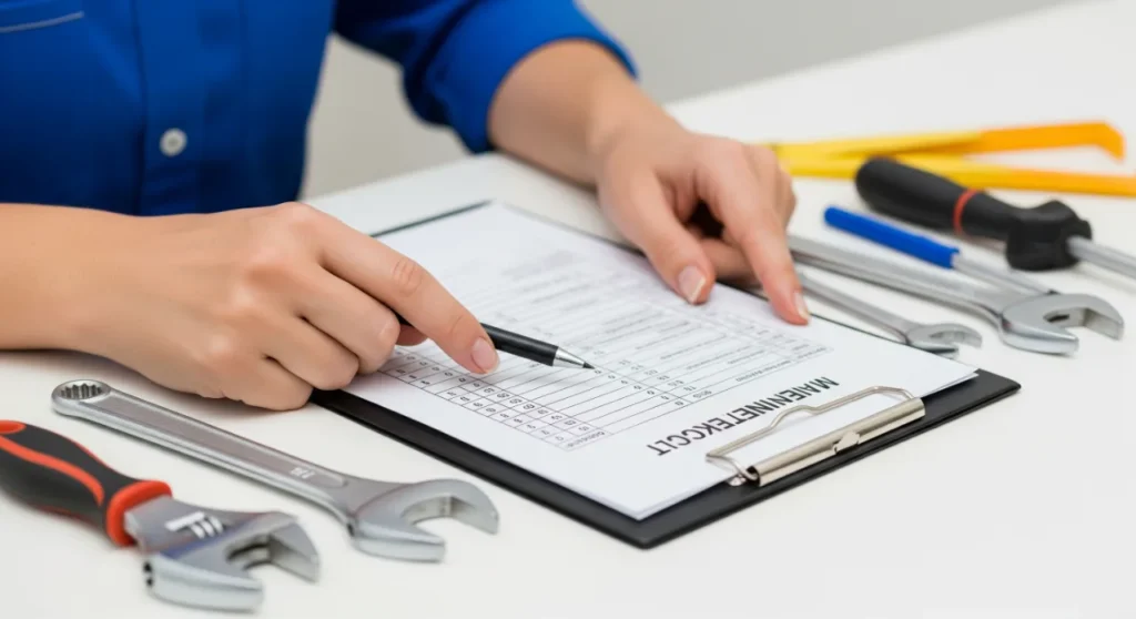 A landlord's rental property maintenance checklist with tools, symbolizing proactive upkeep and organization.