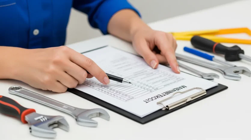 A landlord's rental property maintenance checklist with tools, symbolizing proactive upkeep and organization.