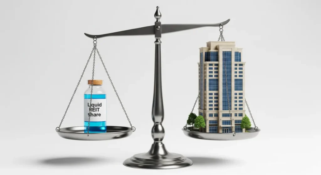 A scale balancing a REIT share against a physical property, illustrating the lower capital and higher liquidity of REITs.