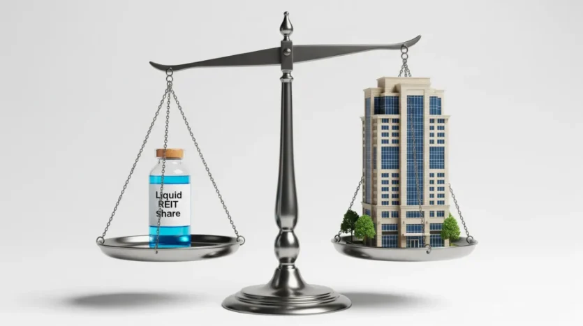 A scale balancing a REIT share against a physical property, illustrating the lower capital and higher liquidity of REITs.