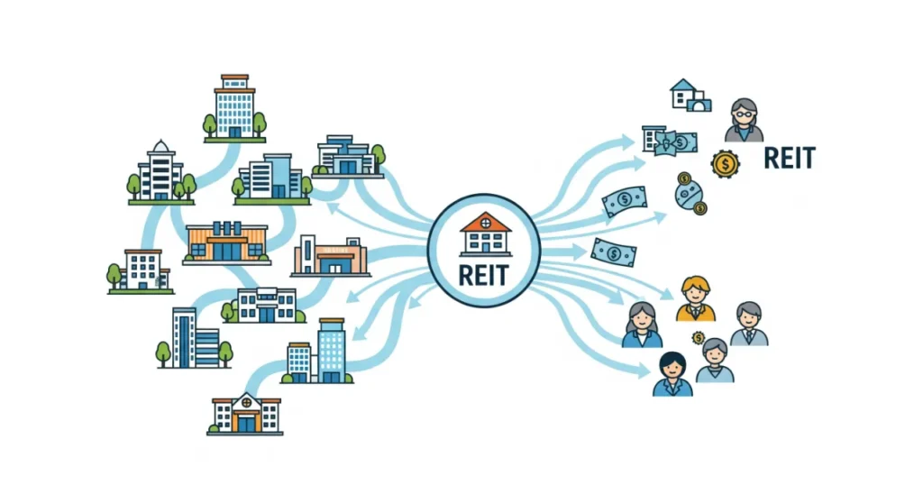 An infographic explaining how Dubai REITs work by pooling investor funds to buy properties and distribute dividends.