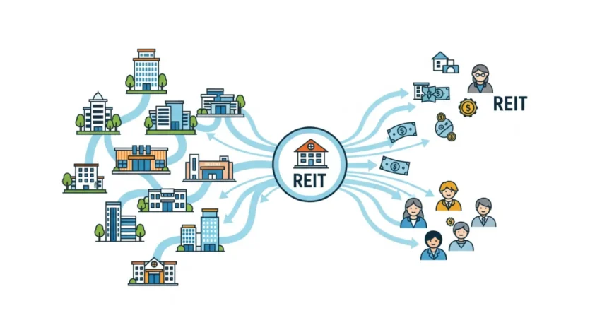 An infographic explaining how Dubai REITs work by pooling investor funds to buy properties and distribute dividends.