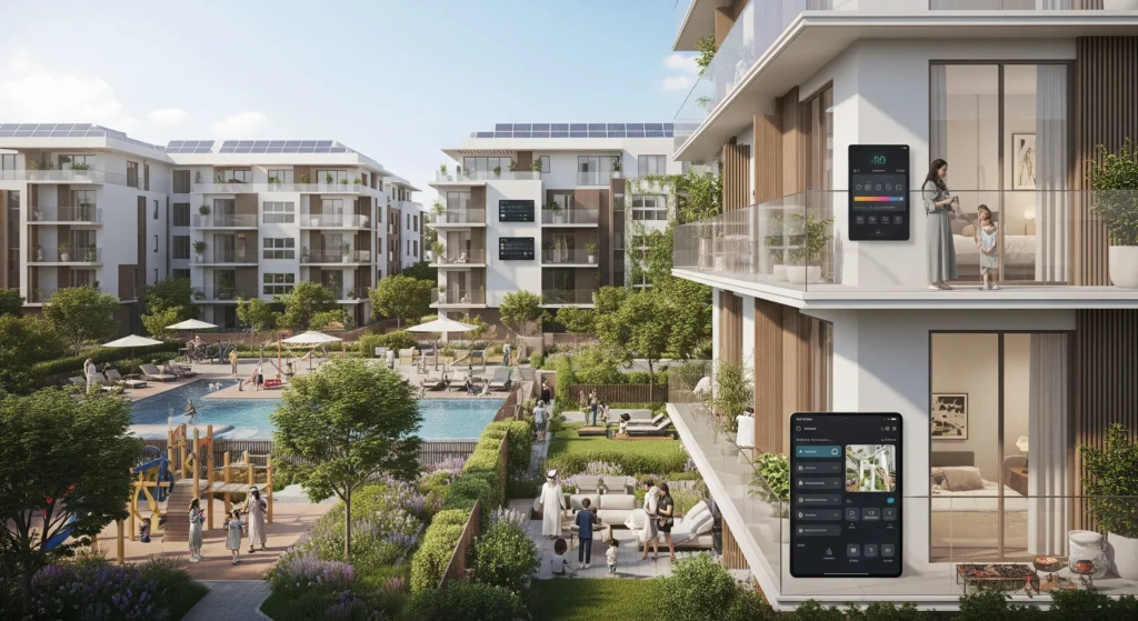 Modern sustainable real estate development in Dubai driven by the D33 agenda and innovation.