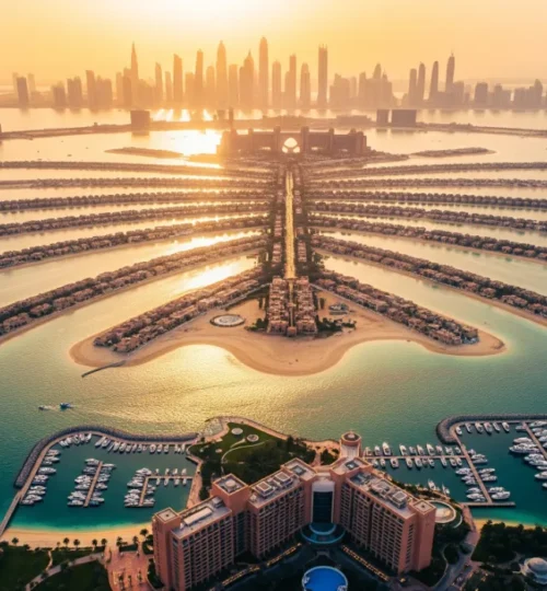 Aerial view of Palm Jumeirah villas for sale at sunset, showcasing luxury waterfront living in Dubai.