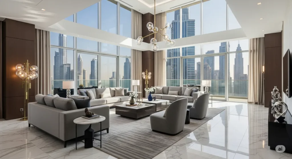 Interior of a luxurious branded residence living room in Dubai with designer furniture and city views.