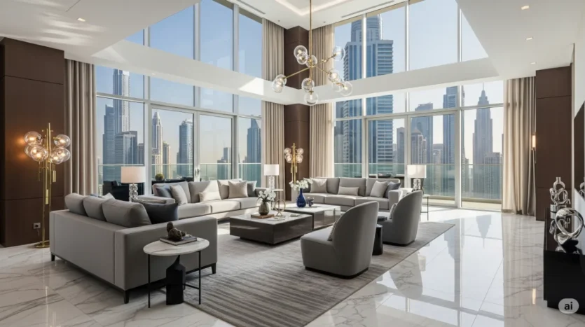 Interior of a luxurious branded residence living room in Dubai with designer furniture and city views.