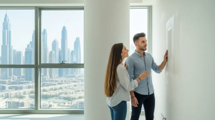 A couple carefully inspecting the condition of a rental apartment in Dubai during a viewing.