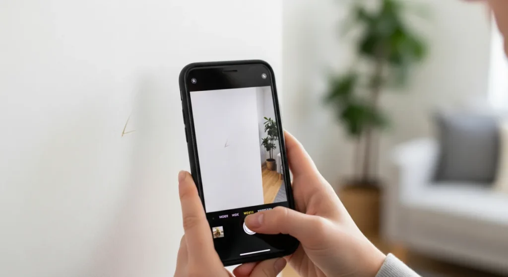 Documenting pre-existing damage by taking a photo with a smartphone during a move-in inspection.