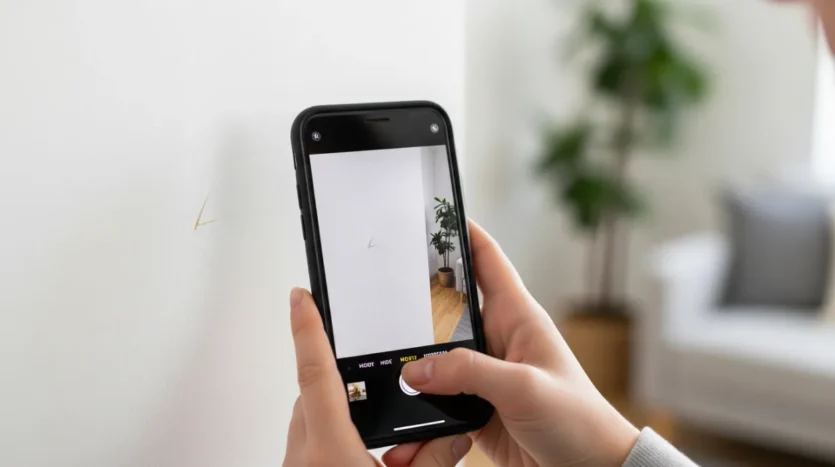 Documenting pre-existing damage by taking a photo with a smartphone during a move-in inspection.