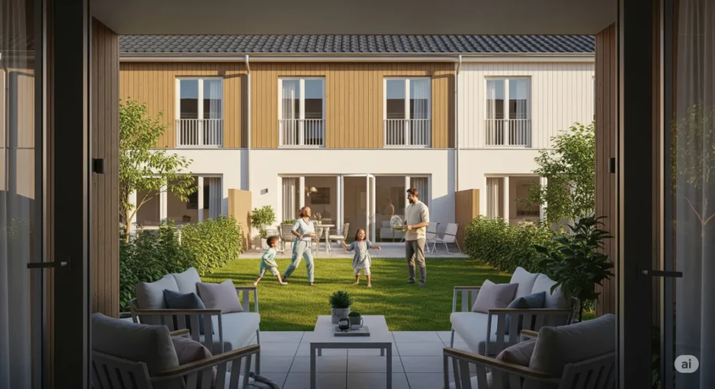 A family enjoying the private garden of their Dubai townhouse, a key feature for buyers.