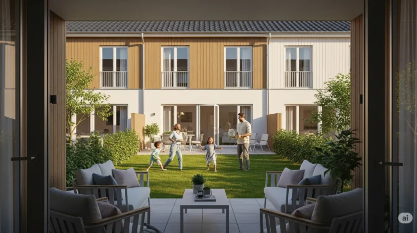 A family enjoying the private garden of their Dubai townhouse, a key feature for buyers.