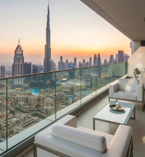 Ultra-luxury penthouse balcony view of the Dubai skyline at sunset, representing the Dubai property market.