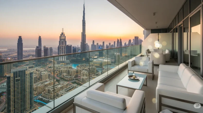 Ultra-luxury penthouse balcony view of the Dubai skyline at sunset, representing the Dubai property market.