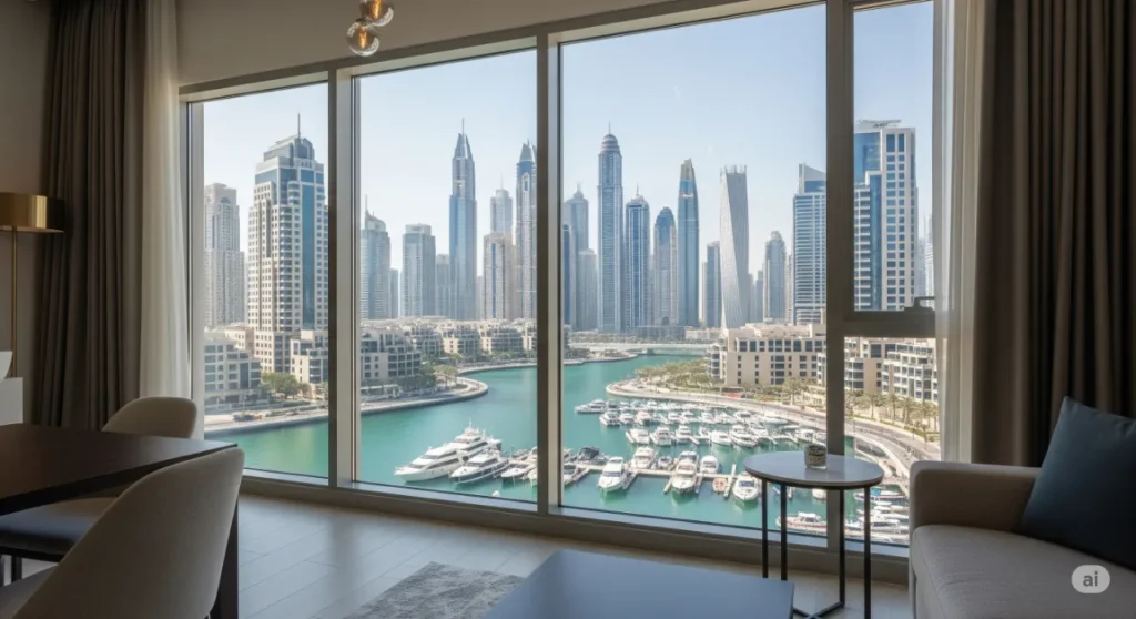 A view from a secure luxury apartment in Dubai Marina, highlighting the safe environment for real estate investors.