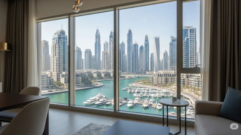 A view from a secure luxury apartment in Dubai Marina, highlighting the safe environment for real estate investors.