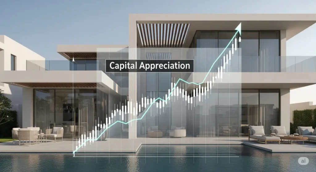 A visual representation of capital appreciation and high ROI from investing in Dubai's off-plan real estate market in 2025.