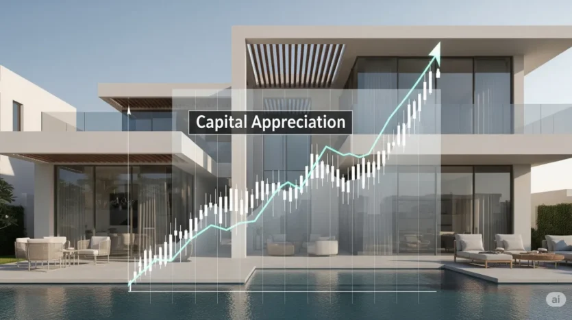 A visual representation of capital appreciation and high ROI from investing in Dubai's off-plan real estate market in 2025.