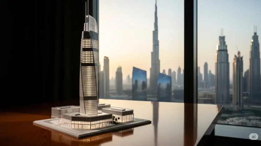 A complete guide to buying off-plan property in Dubai, showing an architectural model before the city skyline.