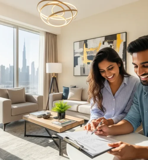 A couple conducting a successful move-in inspection in their new Dubai apartment with a checklist.